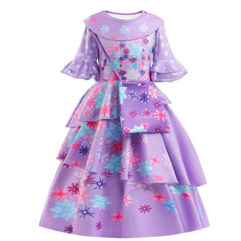 2022 Nieuwe mode Kids Encanto kostuum isabella Cosplay Flower Gedrukte Dagelijkse slijtage Jurk voor meisje met tas