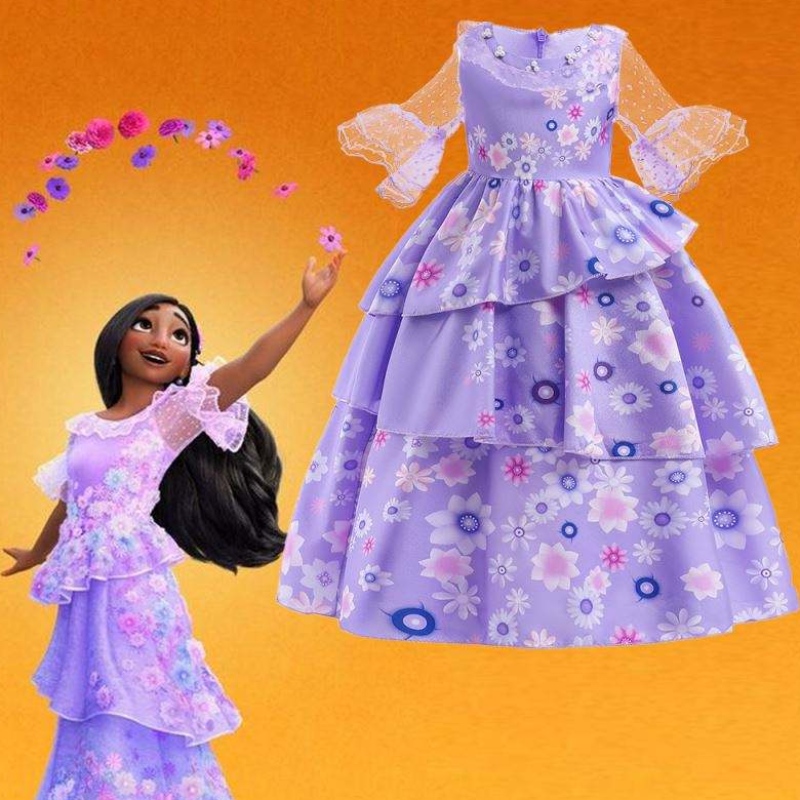 Hot Sale Kids Encanto Movie Kostuum Isabella Cosplay Purple Floral Girls Silk Maxi Long Dress