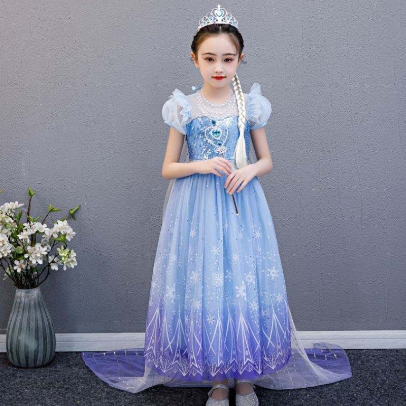 Baige 2021 NIEUWE BLAUWE ELSA ANNA GIRL Feestjurk Cosplay Kleedt Princess met handgemaakte ketting en lange cape