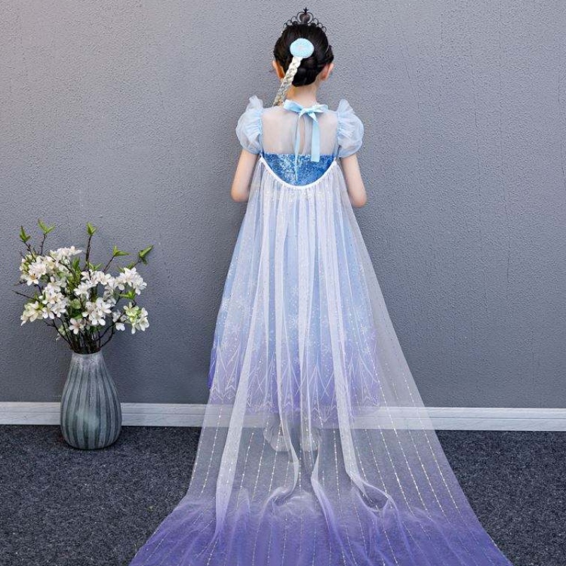 Baige 2021 NIEUWE BLAUWE ELSA ANNA GIRL Feestjurk Cosplay Kleedt Princess met handgemaakte ketting en lange cape