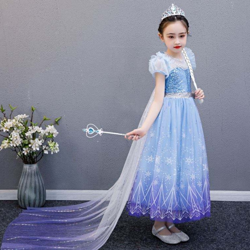 Baige 2021 NIEUWE BLAUWE ELSA ANNA GIRL Feestjurk Cosplay Kleedt Princess met handgemaakte ketting en lange cape