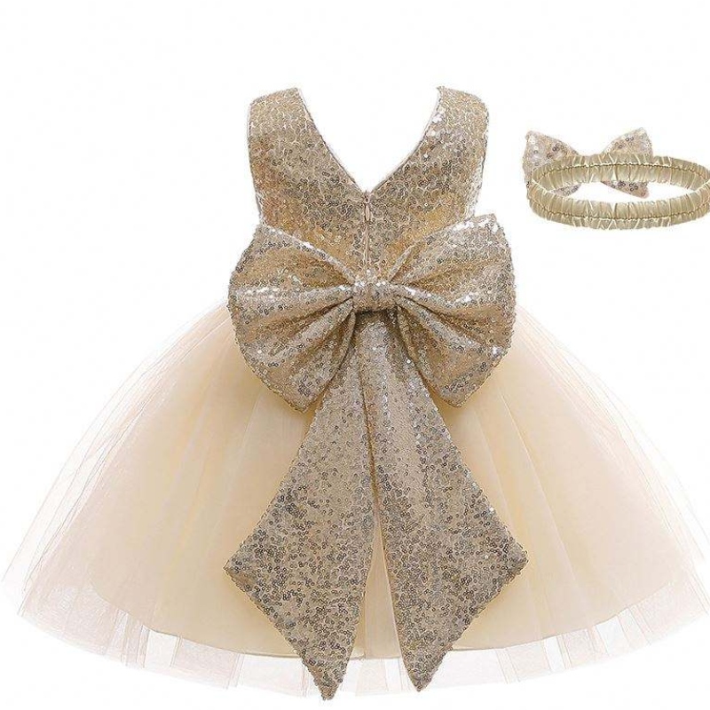 Baigenieuwe aankomst lovertjes boog zomer Kinder kleding verjaardagsfeestje jurk met hoofdband