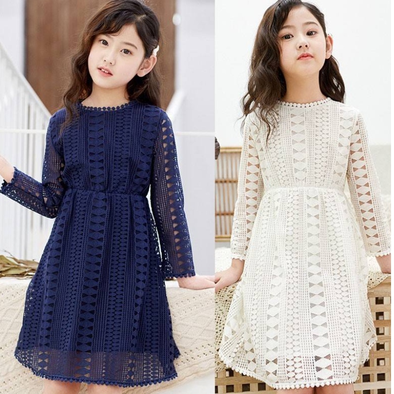 Meisje lange mouwen kanten jurk kind baby prinses trouwfeest meisjes kleedden wit/dark blauw