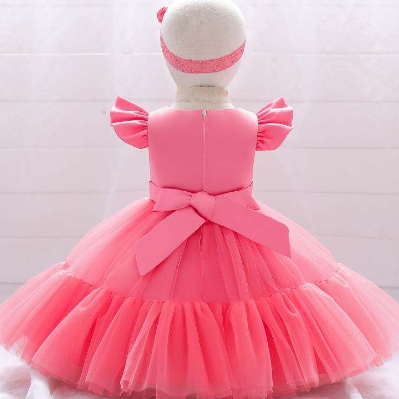 Baige mesh satijn prinses meisjes verjaardagsjurken mooie meid feest babymeisjes jurk ontwerpen voor doop met hoofdband