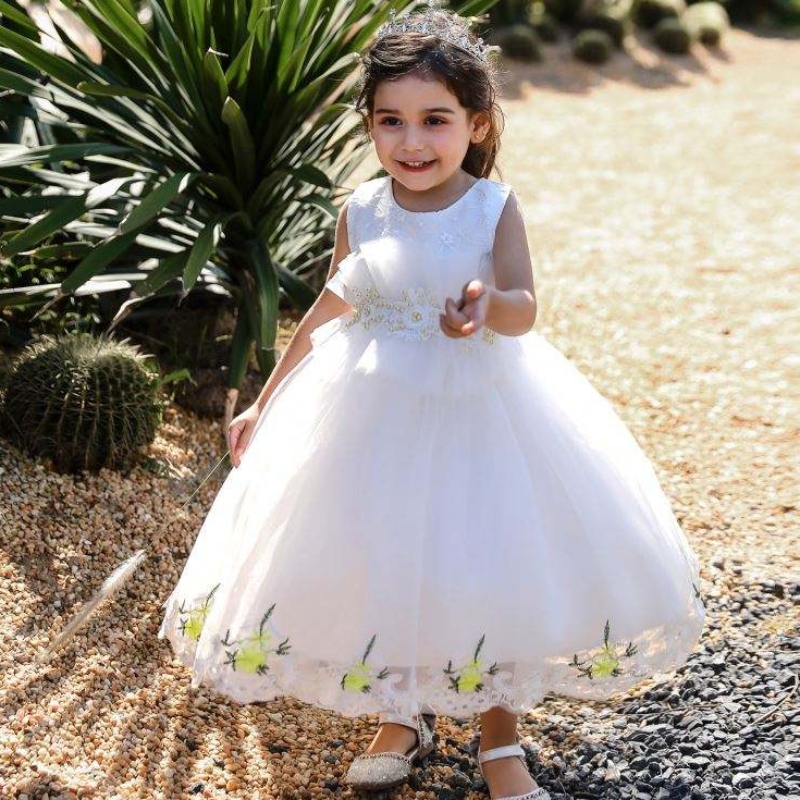 Baige Appliqued Embroidery Flowers 2022 Hot Girls Verkoop kleding feestjurk voor meisje