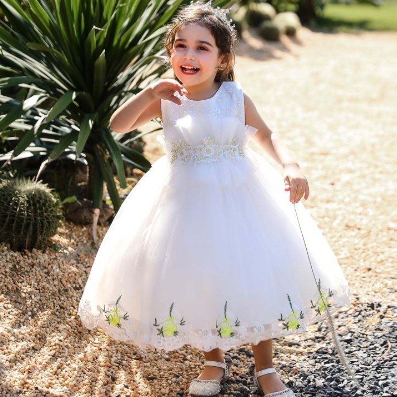 Baige Appliqued Embroidery Flowers 2022 Hot Girls Verkoop kleding feestjurk voor meisje