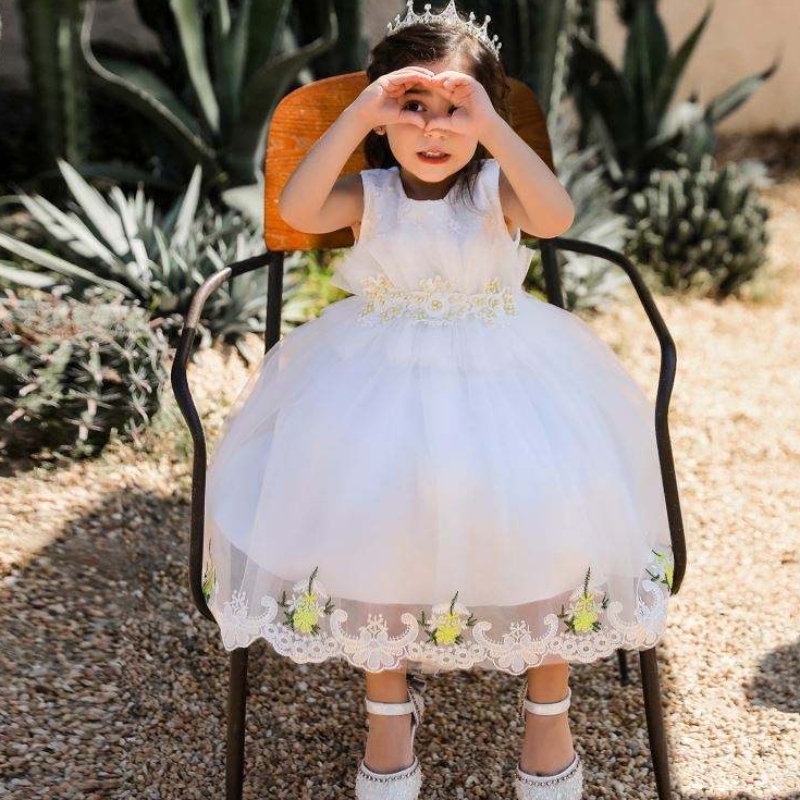 Baige Appliqued Embroidery Flowers 2022 Hot Girls Verkoop kleding feestjurk voor meisje