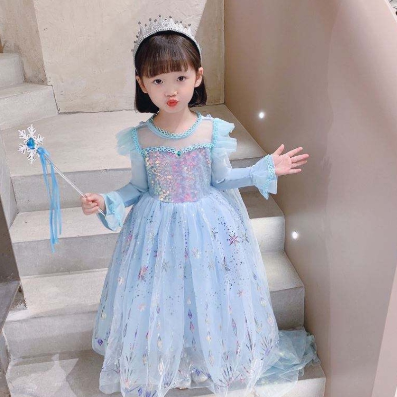 Baige groothandel baljurk feest prinses jurk Halloween kinderen verjaardag cosplay kostuum kostuum lange mouw elsa jurk