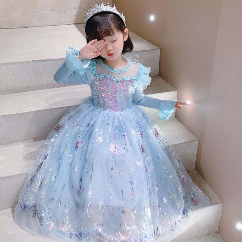 Baige groothandel baljurk feest prinses jurk Halloween kinderen verjaardag cosplay kostuum kostuum lange mouw elsa jurk