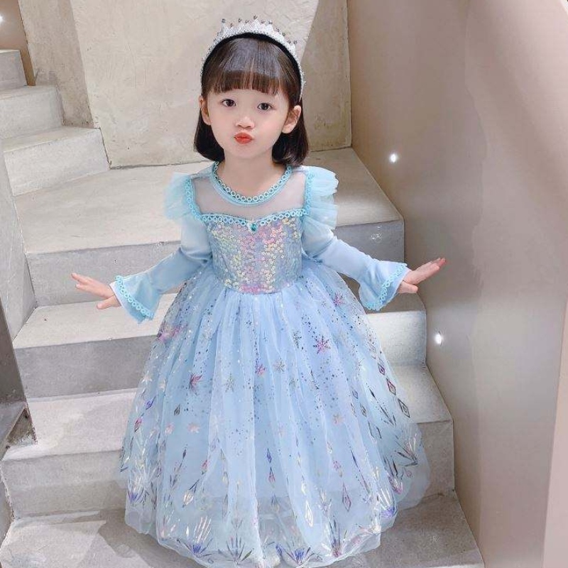 Baige groothandel baljurk feest prinses jurk Halloween kinderen verjaardag cosplay kostuum kostuum lange mouw elsa jurk