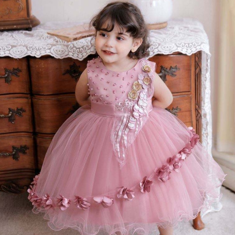 Baige groothandel kinderen kleding korte mouw prinses jurk babymeisje doop en doopjapon
