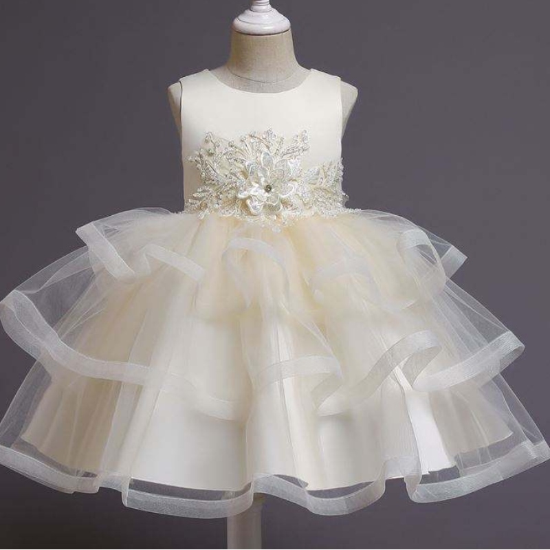 Baige bloemenmeisje jurk kinderen feestjurk baby tutu prinses jurk met kralen knie lengte verjaardag kleding