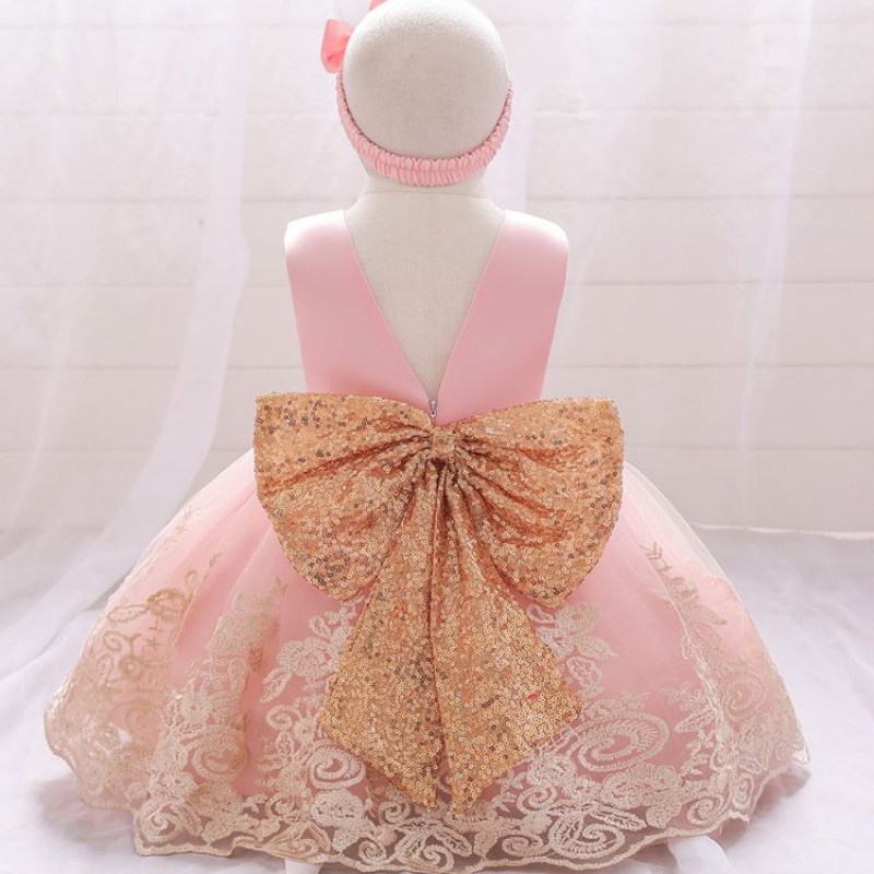 Nieuwe zomer Kids Frock Princess Kids Jurk baby Baby 1e verjaardag jurk met gratis hoofdband