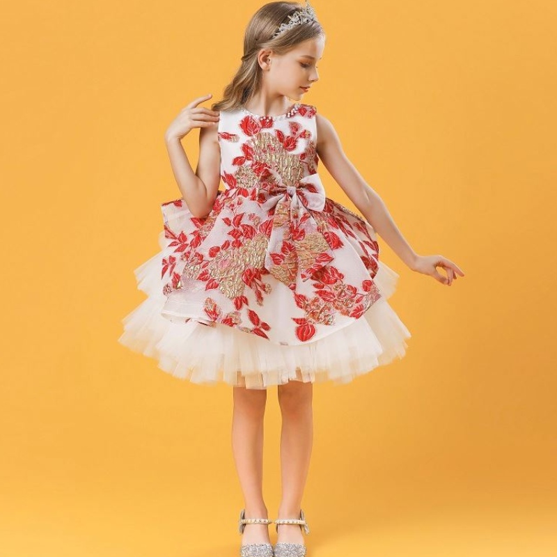 Baige hete uitverkoopnieuwe stijl 3-10 jaar meisje kinderen kleine meisjes bloemen bogen borduurwerkjurk feestje bruiloft verjaardag