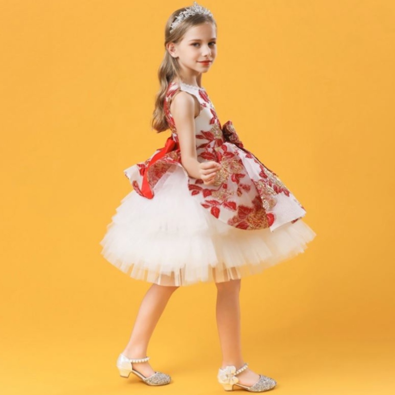 Baige hete uitverkoopnieuwe stijl 3-10 jaar meisje kinderen kleine meisjes bloemen bogen borduurwerkjurk feestje bruiloft verjaardag