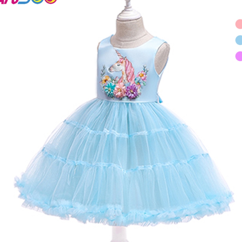 Anoo Nieuwste Europa and America Children 's met bloemen eenhoorn cake rok prinses tutu causale jurken