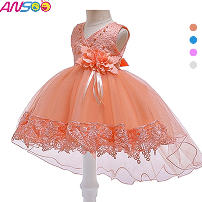 Anoo Pretty Peach Children \\'s Girl Birthday Princess Flower Orange Trouw Jurk voor meisje
