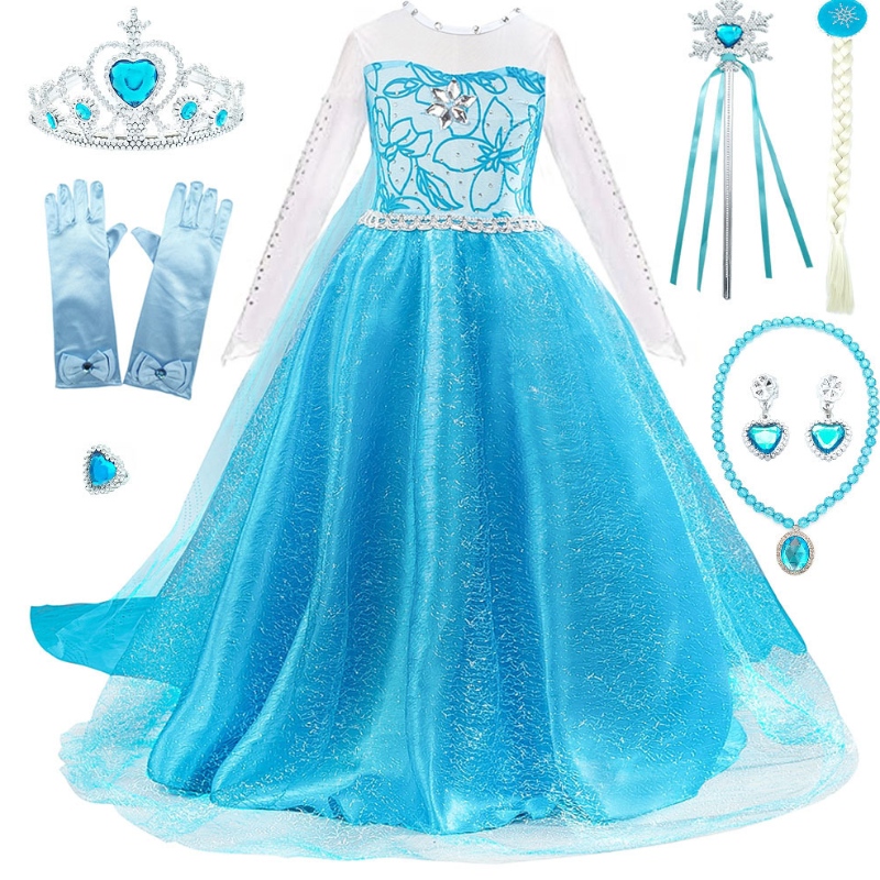 Meisjes Elsa verkleed met treinkinderen kralen met lange mouwen sneeuwdruk Halloween Carnival Party Princess -kostuum