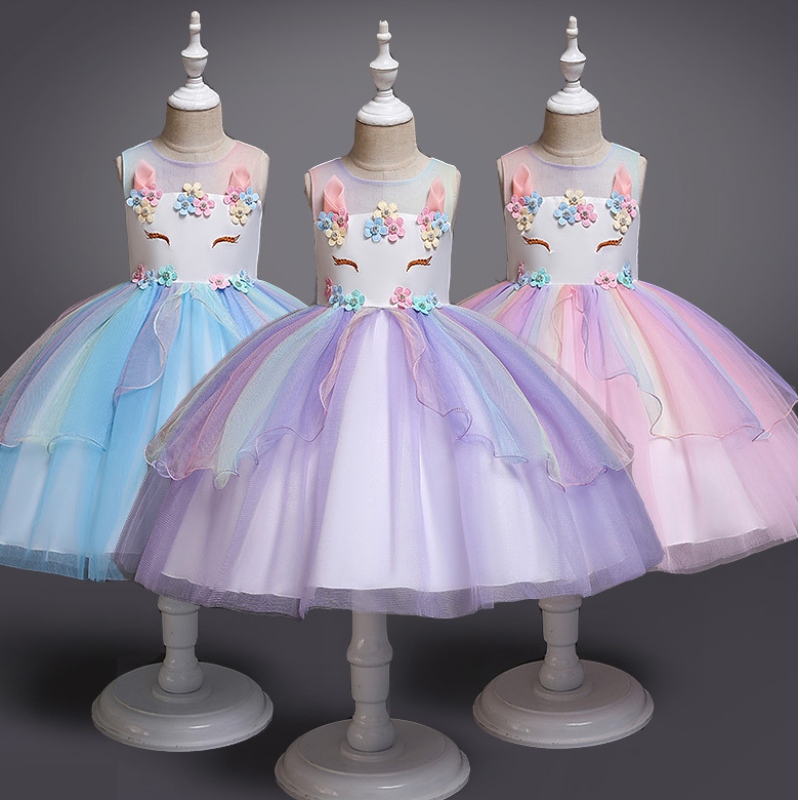 Unicorn Princess Kostuum Girls Pageant Evening Lange jurken Kinderen Mouwloze borduurgerechtig verjaardagsfeestje Tutu -jurken