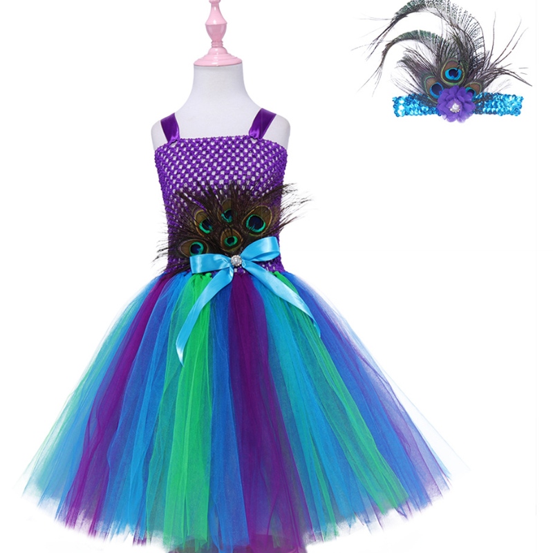 Kinderen zijn herfstjurk Peacock Feather Mesh Rok Baby Princess Rok Tutu -jurk