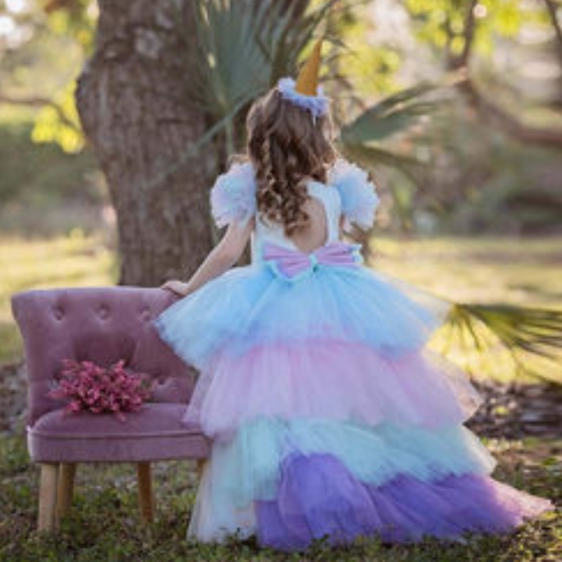 Eenhoorn feestjurk voor meisjes kostuum baby zomerjurk kinderen elegant meisje draag prinsesjurk met lange trein