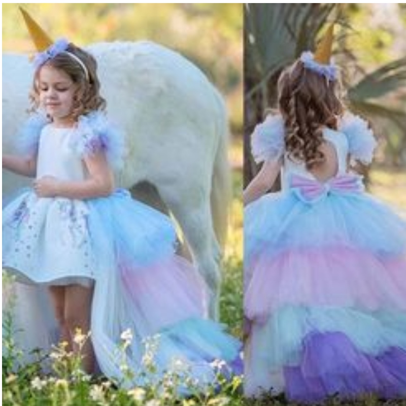 Eenhoorn feestjurk voor meisjes kostuum baby zomerjurk kinderen elegant meisje draag prinsesjurk met lange trein