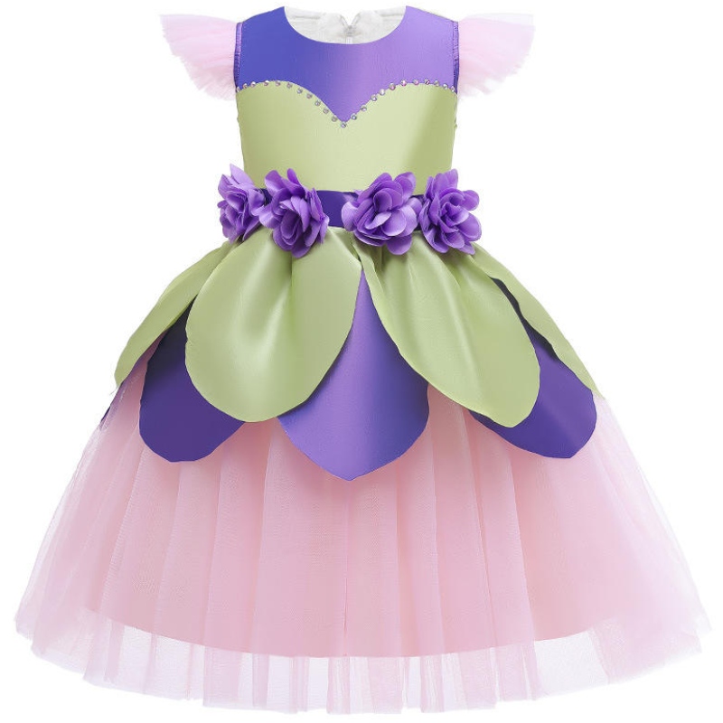 Bloem Fairy Dress Girl Kids Purple Pink Patchwork Tule Deskleding Cute Flying Sleeve Child Stage Performance kostuums