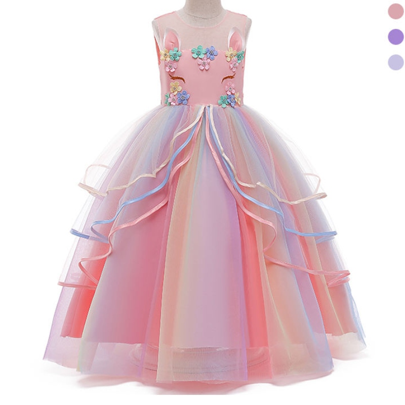 Anoo privé op maat gemaakte Franse stijl luxe kinderen lange eenhoorn tule prinses trouwfeest eenhoornjurk voor meisjes