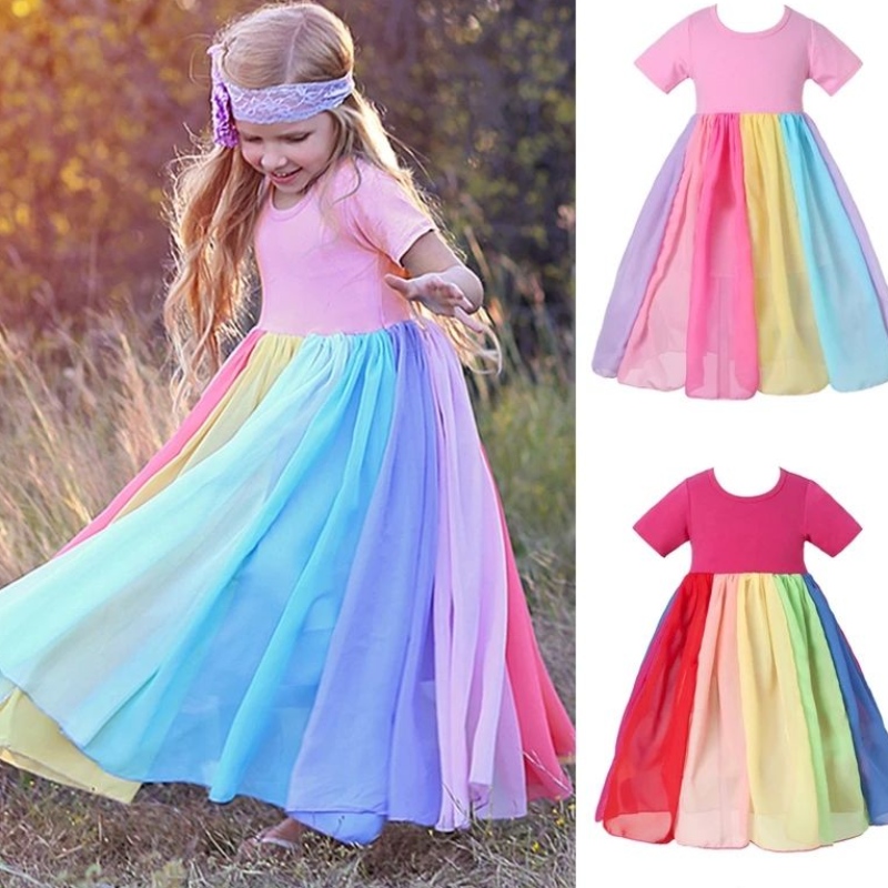 Kleine meisjes mesh tule jurken lente zomer regenboog strand prinses jurk kinderen kinderen kinderen korte mouw Sundress feest kostuum