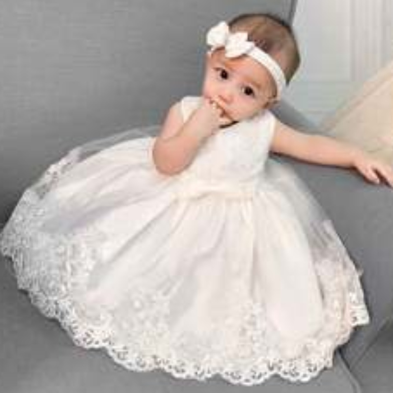 Baige groothandel pasgeboren babymeisje feestjurk bloemen doop feest evenement frock girls prinses gratis haarband