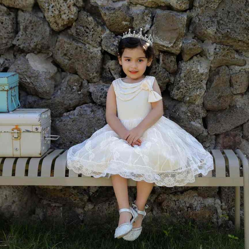 Baige kralen boogknoop feestjurk voor meisje babymeisje prinsesjurk