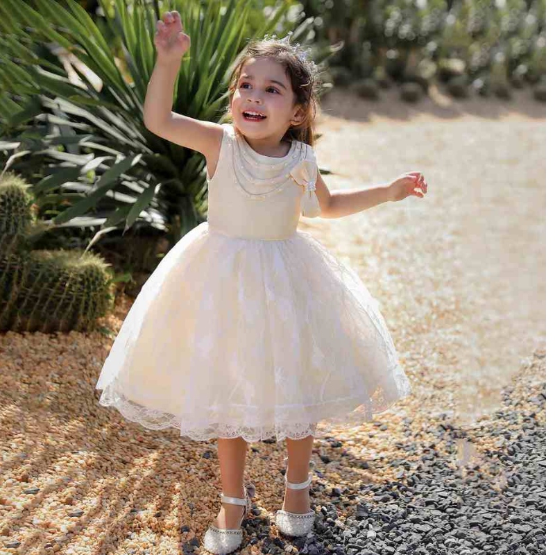 Baige kralen boogknoop feestjurk voor meisje babymeisje prinsesjurk