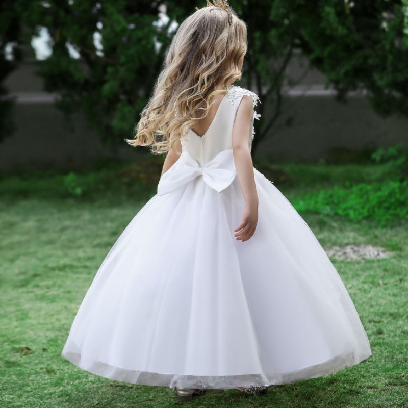 Baige 2022 satijnen katoenen trouwjurk glanzende jurk bloemenmeisje jurk lange staart kanten grote meisjesjurken