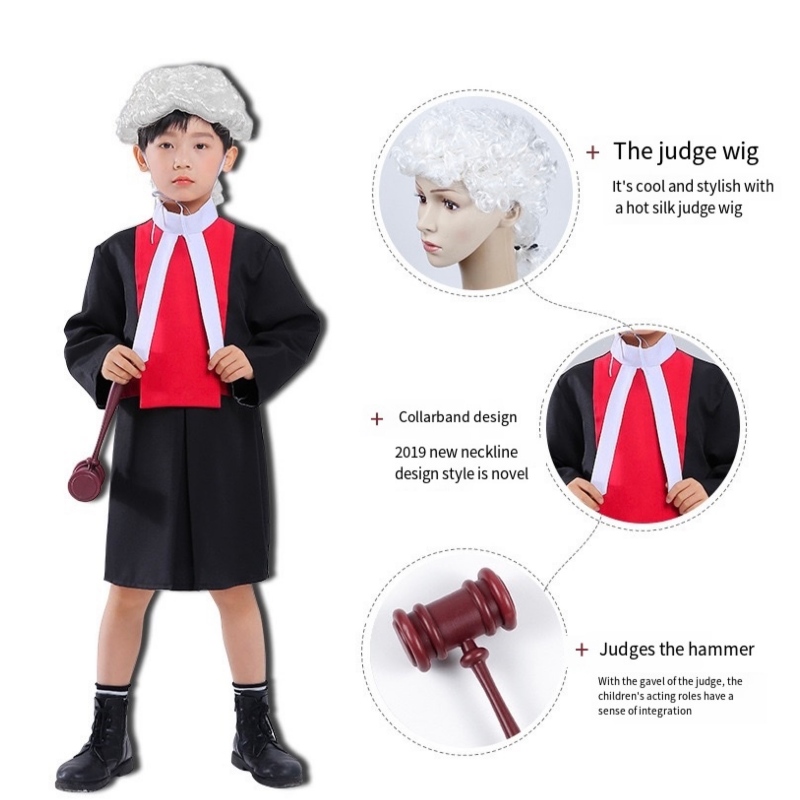 De rechter kostuums van kinderen cosplay gewaad met wiggavel Halloween Career Lawyer Kids kostuum