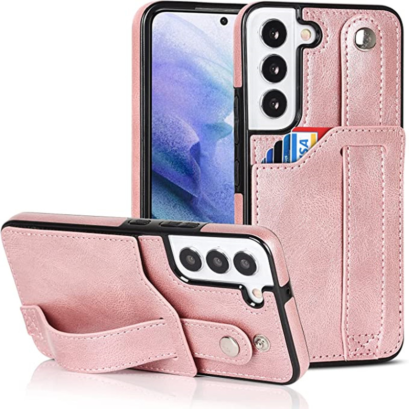 Ontworpen voor Samsung Galaxy S22 5G -portemonnee met verstelbare polsbandstand Standstand PU Leather Credit Card Holder Heavy Duty Shockproof Hybride Robuust Protective Cover voor vrouwen Men 6,1 inch roze