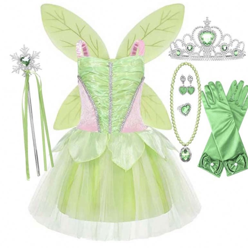 Halloween Cosplay Baby Girls Party Christmas Green Flower Fairy Tinker Bell Outfit With Butterfly Wings Sets HCTB-005