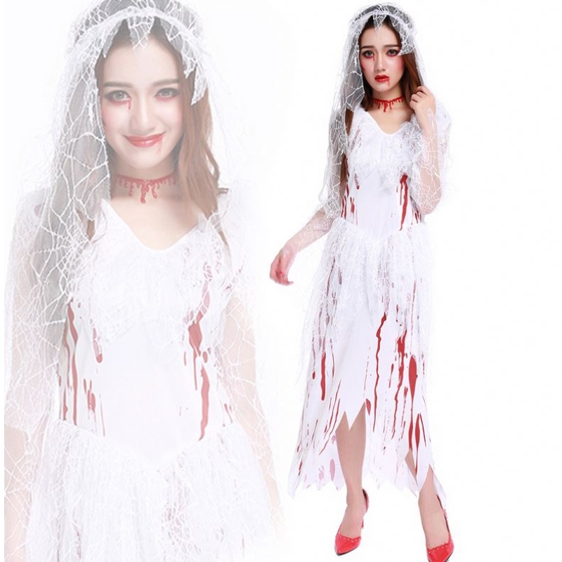 Vrouwen zijn Halloween -kostuums horror cos bloedige schedel zombie volwassen dood bruid