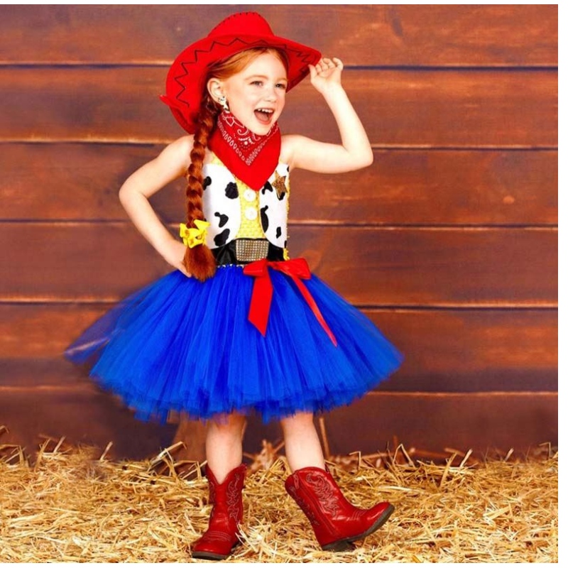Pasen verjaardagsfeestje verkleed kleding cowgirl kostuum voor meisje 1-12 jaar met bandana cowboy hoed hcts-002