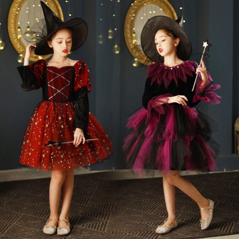 Nieuwe heksenkostuum Cosplay Girls Halloween kostuum voor kinderen Kerstmiskinderen Princess Dress Winterkleding met hoed