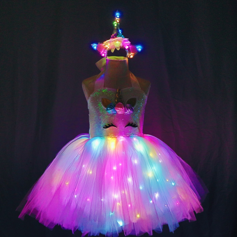 2022 Kids Girls Leuke eenhoornkostuums met LED -verlichte jurk voor Halloween verjaardagsfeestje cadeau mouw jurk kinderen kleding