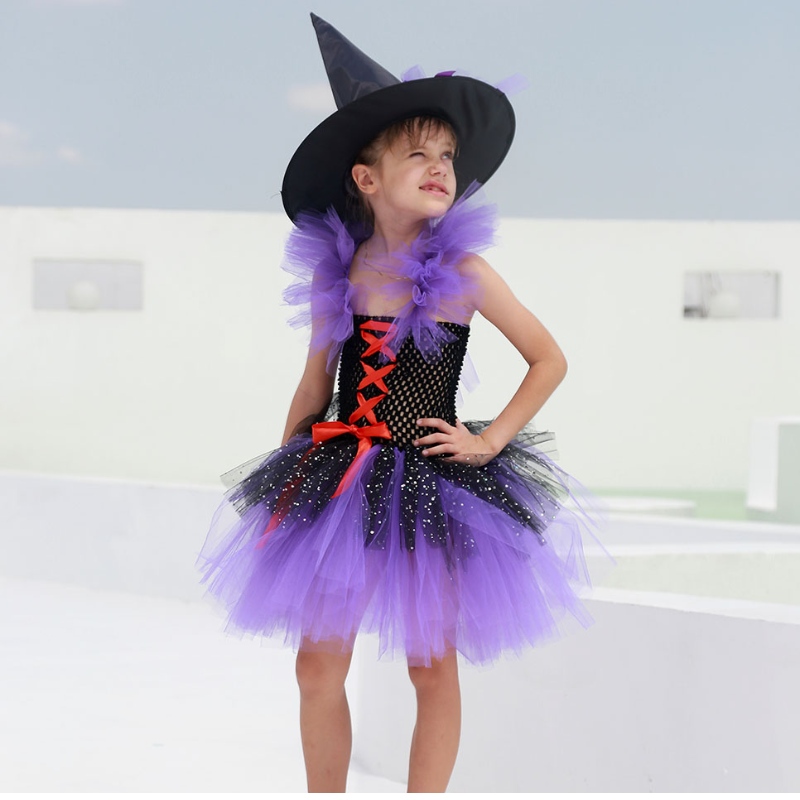Amazon Hot Selling Tutu Witch Dress -kostuum voor meisjes met een heksenhoed Halloween Carnival Party