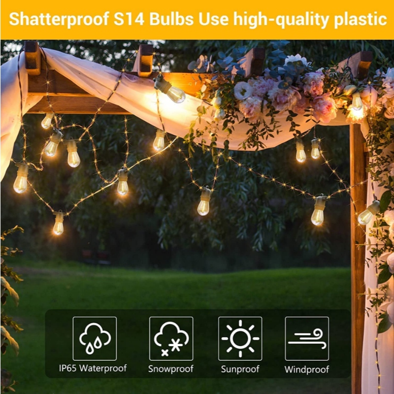 48ft Solar Outdoor RGB String Lights, Dimable Patio String Lights met 2 afstandsbediening, zonne -touwlichten waterdicht met 15 hangende lampen lichten dimbaar voor tuinbistro, feest