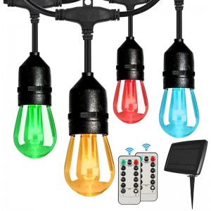 48ft Solar Outdoor RGB String Lights, Dimable Patio String Lights met 2 afstandsbediening, zonne -touwlichten waterdicht met 15 hangende lampen lichten dimbaar voor tuinbistro, feest