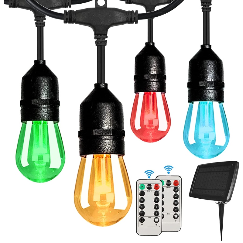 48ft Solar Outdoor RGB String Lights, Dimable Patio String Lights met 2 afstandsbediening, zonne -touwlichten waterdicht met 15 hangende lampen lichten dimbaar voor tuinbistro, feest