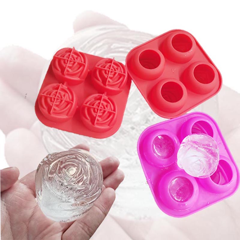 Siliconen 3D Rose ijsvorm Grote ijsblokjeslade, maakt 4 schattige bloemvormige ijs, siliconen rubber Fun grote ijsbalfabrikant voor cocktailsap whisky bourbon vriezer, vaatwasser veilig, drie kleuren