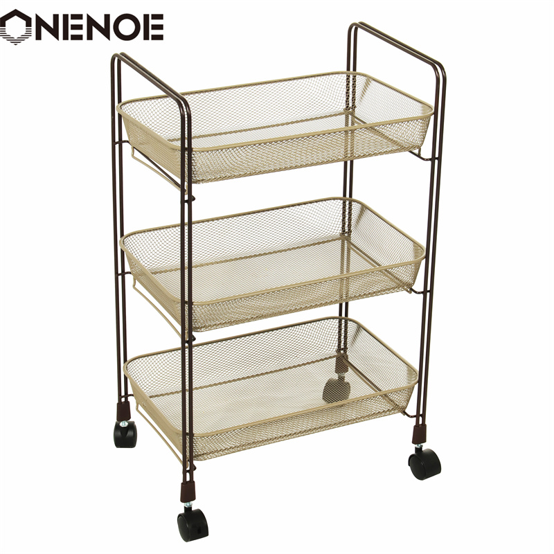 OneNoe Design Modern Metal Mesh 3-Tier Storage Organizer Multi-use utility Rolling Cart Kitchen Heavy Duty Strong Atability Trolley Storage Cart met manden