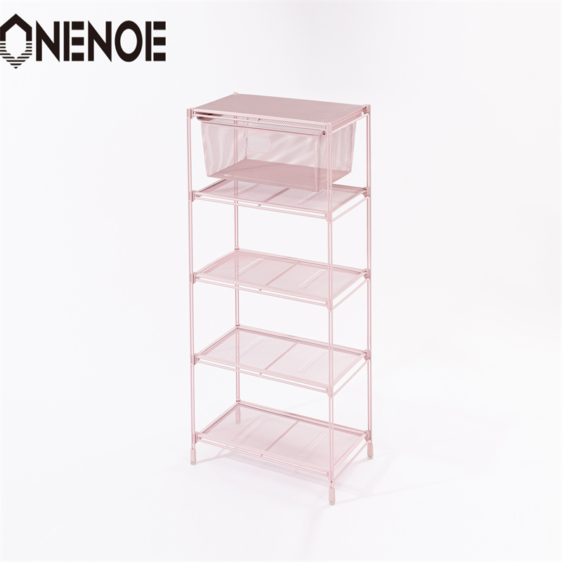 OneNoe Simple Small Draad Metal Mesh Stapelbare Opbergschoenen Planken Kleding Rek Schappen boekenkast planken met 5-laags voor hotel supermarkt winkelwinkel