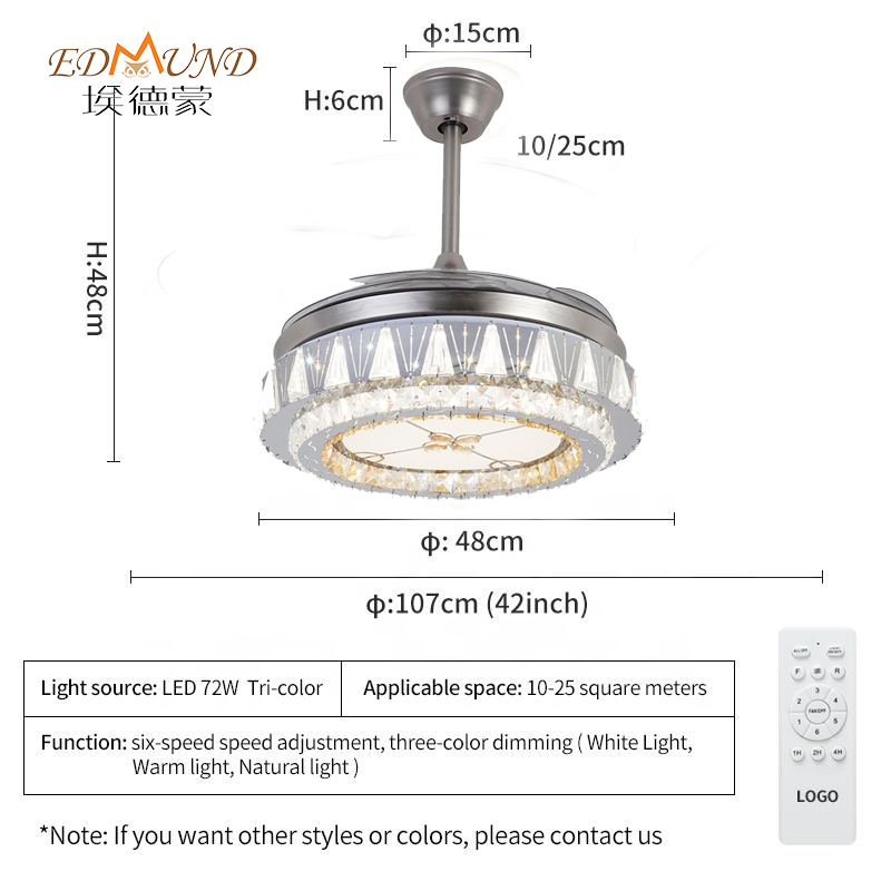 K015 Kroonluchter plafondventilator met licht met afgelegen 42 inch 3 kleur met luidspreker kristalventilator kroonluchter