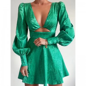 V-neck holle jacquard jurk lantaarn mouw korte jurk voorjaar vintage stijl a-line jurk