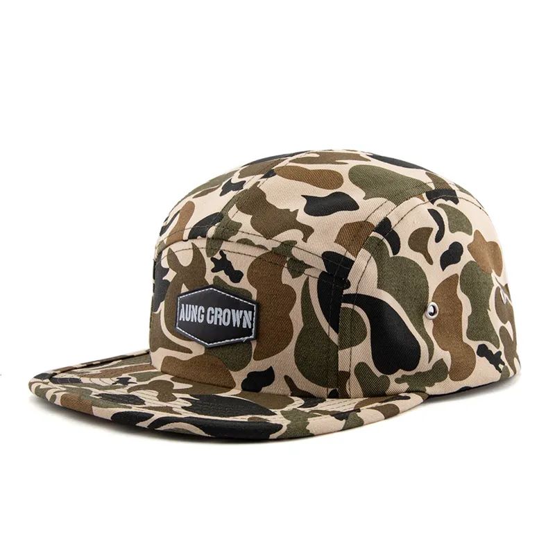 Aangepaste hoogwaardige comfortabele platte rand Caps Kids 5 Panel camp hoed met lederen patch